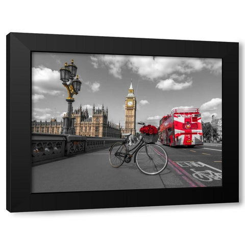 Bicycle with bunch of flowers on Westminster Bridge, London, UK Black Modern Wood Framed Art Print with Double Matting by Frank, Assaf