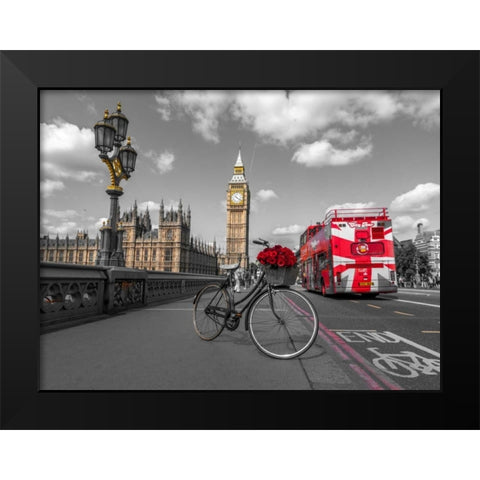 Bicycle with bunch of flowers on Westminster Bridge, London, UK Black Modern Wood Framed Art Print by Frank, Assaf