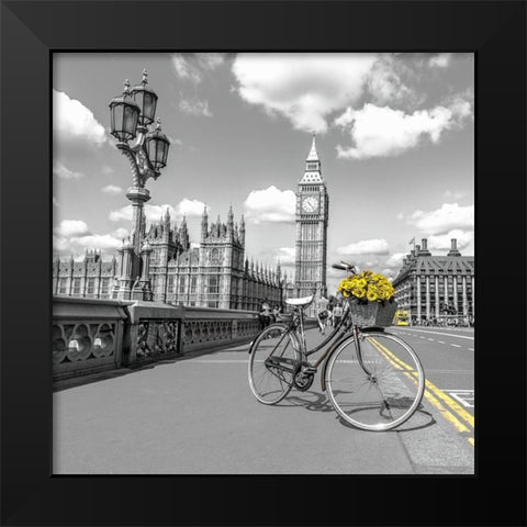 Bicycle with bunch of flowers on Westminster Bridge-London-UK Black Modern Wood Framed Art Print by Frank, Assaf