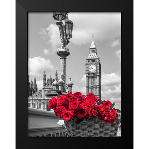 Bicycle with bunch of flowers on Westminster Bridge, London, UK Black Modern Wood Framed Art Print by Frank, Assaf