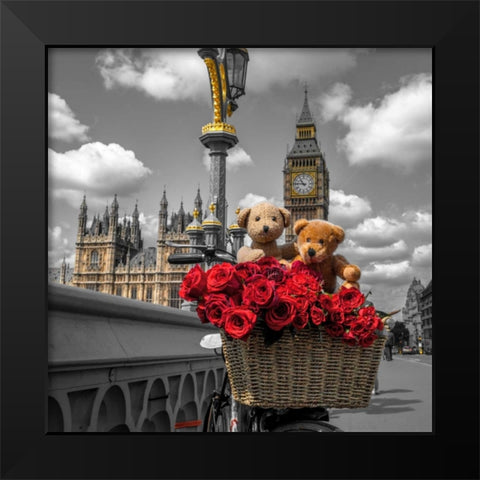 Bicycle with bunch of flowers on Westminster Bridge, London, UK Black Modern Wood Framed Art Print by Frank, Assaf
