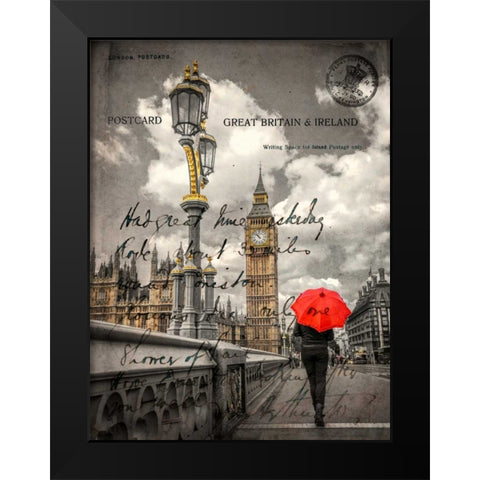 Tourist with an umbrella on Westminster Bridge, London, UK Black Modern Wood Framed Art Print by Frank, Assaf