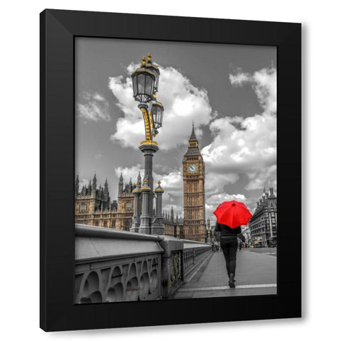 Tourist with an umbrella on Westminster Bridge, London, UK Black Modern Wood Framed Art Print with Double Matting by Frank, Assaf