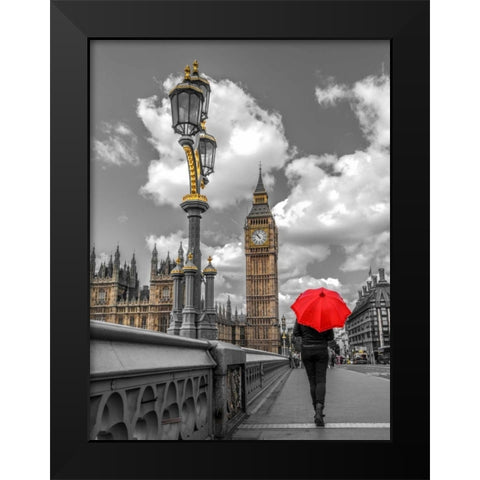 Tourist with an umbrella on Westminster Bridge, London, UK Black Modern Wood Framed Art Print by Frank, Assaf