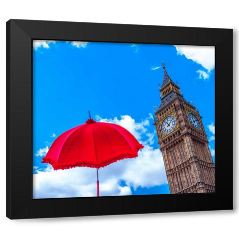 Big Ben with Red Umbrella, London, UK Black Modern Wood Framed Art Print with Double Matting by Frank, Assaf