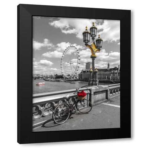Bicycle with bunch of flowers on Westminster Bridge, London, UK Black Modern Wood Framed Art Print with Double Matting by Frank, Assaf
