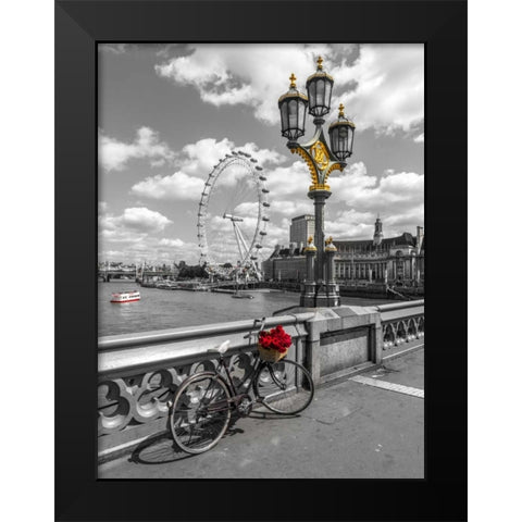 Bicycle with bunch of flowers on Westminster Bridge, London, UK Black Modern Wood Framed Art Print by Frank, Assaf
