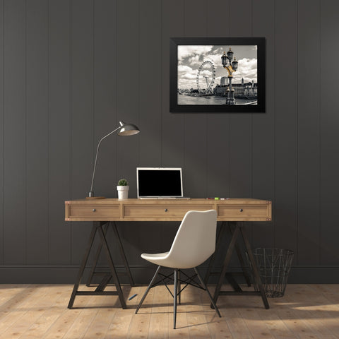 Lampost with London eye and County hall in background, London, UK Black Modern Wood Framed Art Print by Frank, Assaf