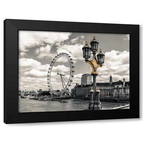 Lampost with London eye and County hall in background, London, UK Black Modern Wood Framed Art Print with Double Matting by Frank, Assaf