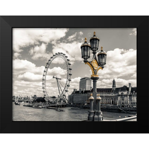Lampost with London eye and County hall in background, London, UK Black Modern Wood Framed Art Print by Frank, Assaf