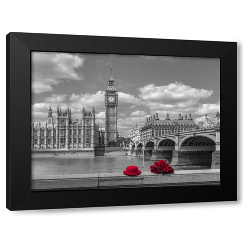 Bunch of Roses and hat on Thames promenade agaisnt Big Ben, London, UK Black Modern Wood Framed Art Print with Double Matting by Frank, Assaf