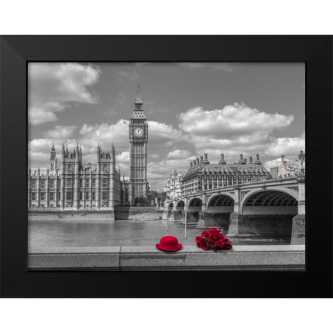 Bunch of Roses and hat on Thames promenade agaisnt Big Ben, London, UK Black Modern Wood Framed Art Print by Frank, Assaf