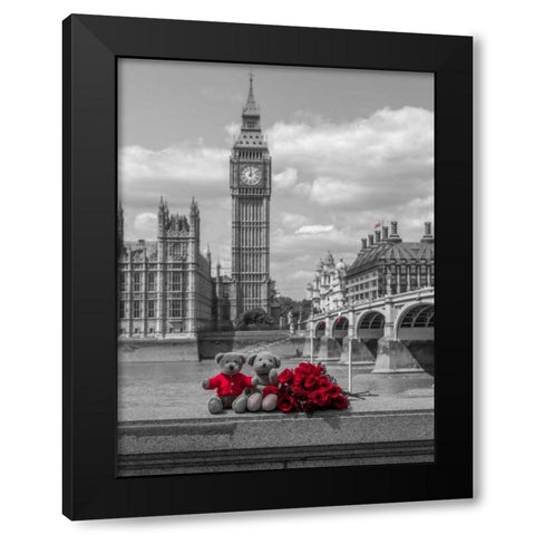 Teddy bear and bunch of Roses on Thames promenade agaisnt Westminster Abby, London, UK Black Modern Wood Framed Art Print by Frank, Assaf