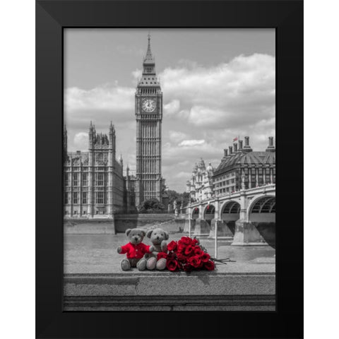 Teddy bear and bunch of Roses on Thames promenade agaisnt Westminster Abby, London, UK Black Modern Wood Framed Art Print by Frank, Assaf