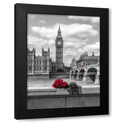 Bunch of Roses and hat on Thames promenade agaisnt Big Ben, London, UK Black Modern Wood Framed Art Print with Double Matting by Frank, Assaf