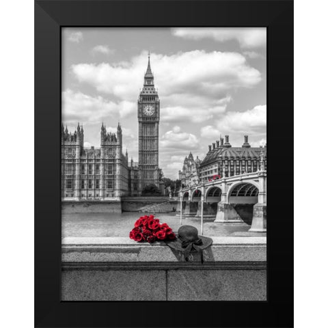 Bunch of Roses and hat on Thames promenade agaisnt Big Ben, London, UK Black Modern Wood Framed Art Print by Frank, Assaf
