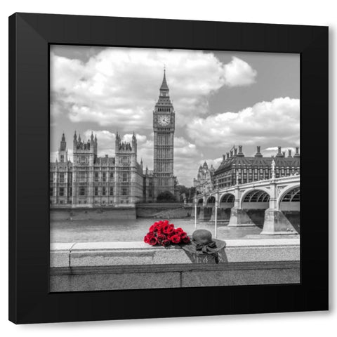 Bunch of Roses and hat on Thames promenade agaisnt Big Ben, London, UK Black Modern Wood Framed Art Print with Double Matting by Frank, Assaf
