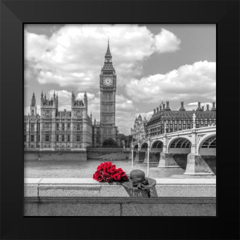 Bunch of Roses and hat on Thames promenade agaisnt Big Ben, London, UK Black Modern Wood Framed Art Print by Frank, Assaf