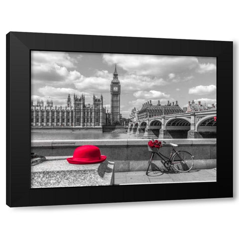 Red hat and bicycle on Thames promenade, London, UK Black Modern Wood Framed Art Print by Frank, Assaf