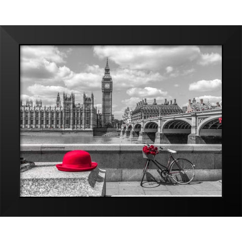 Red hat and bicycle on Thames promenade, London, UK Black Modern Wood Framed Art Print by Frank, Assaf