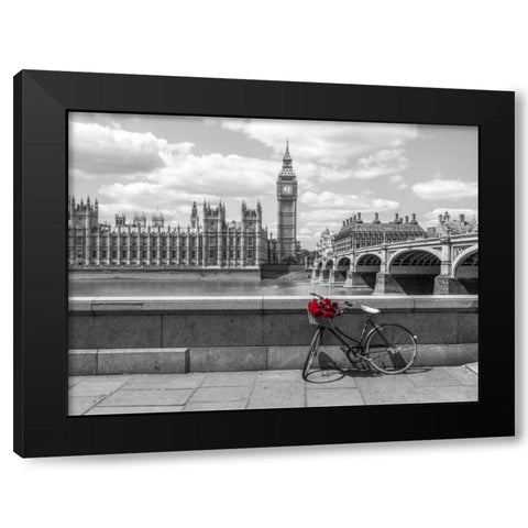 Bunch of Roses on a bicycle agaisnt Westminster Abby, London, UK Black Modern Wood Framed Art Print with Double Matting by Frank, Assaf