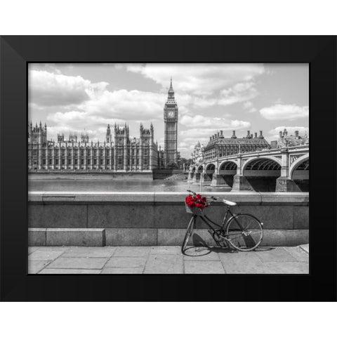 Bunch of Roses on a bicycle agaisnt Westminster Abby, London, UK Black Modern Wood Framed Art Print by Frank, Assaf