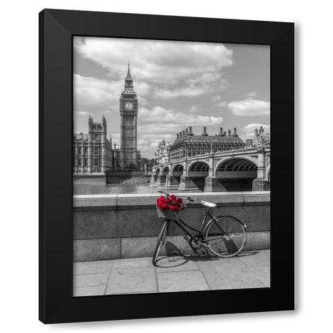 Bunch of Roses on a bicycle agaisnt Westminster Abby, London, UK Black Modern Wood Framed Art Print with Double Matting by Frank, Assaf