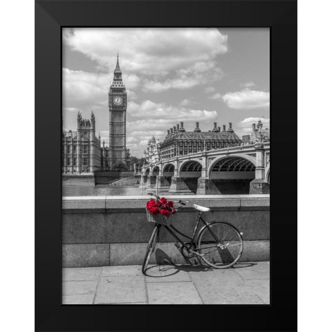 Bunch of Roses on a bicycle agaisnt Westminster Abby, London, UK Black Modern Wood Framed Art Print by Frank, Assaf