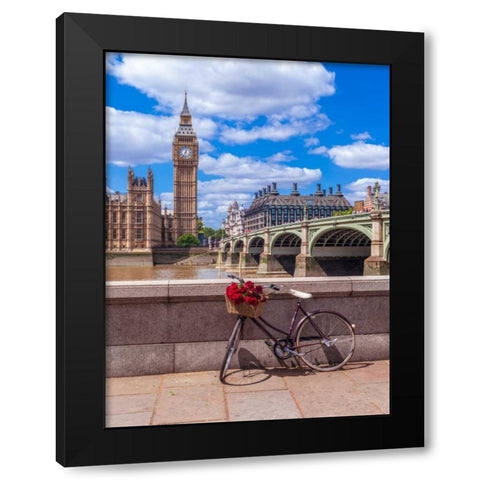 Bunch of Roses on a bicycle agaisnt Westminster Abby, London, UK Black Modern Wood Framed Art Print by Frank, Assaf