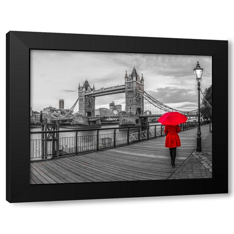 Tourist with red umbrella on promenade near Tower bridge, London, UK Black Modern Wood Framed Art Print by Frank, Assaf
