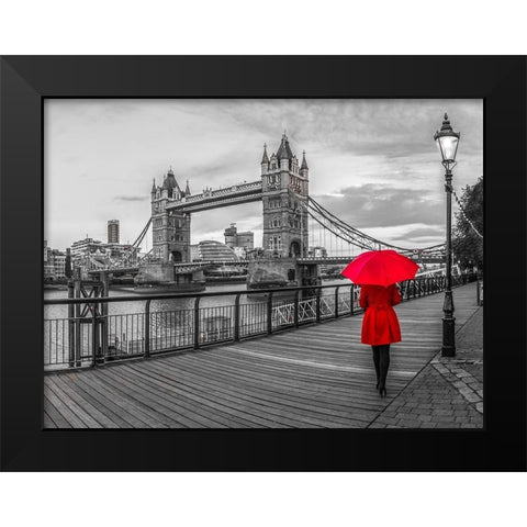 Tourist with red umbrella on promenade near Tower bridge, London, UK Black Modern Wood Framed Art Print by Frank, Assaf