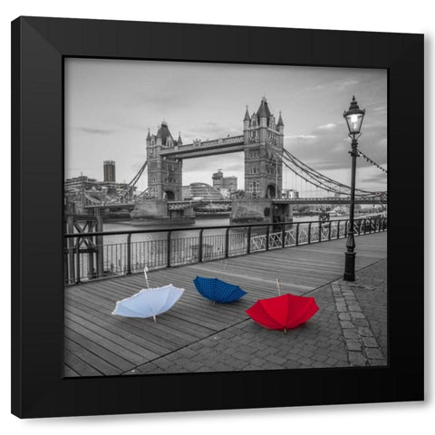 Colorful umbrellas on promenade near Tower bridge, London, UK Black Modern Wood Framed Art Print with Double Matting by Frank, Assaf