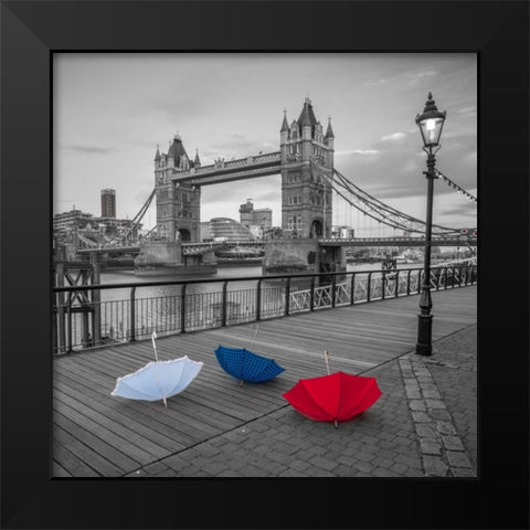 Colorful umbrellas on promenade near Tower bridge, London, UK Black Modern Wood Framed Art Print by Frank, Assaf