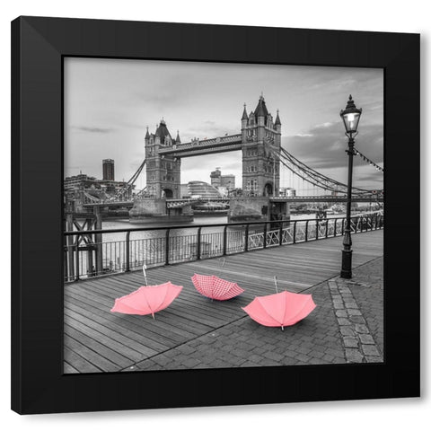 Pink umbrellas, Tower bridge, London Black Modern Wood Framed Art Print with Double Matting by Frank, Assaf