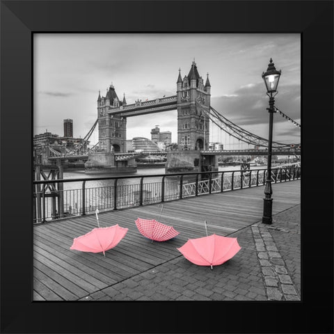 Pink umbrellas, Tower bridge, London Black Modern Wood Framed Art Print by Frank, Assaf