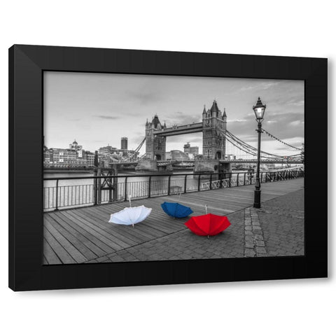 Colorful umbrellas on promenade near Tower bridge, London, UK Black Modern Wood Framed Art Print with Double Matting by Frank, Assaf