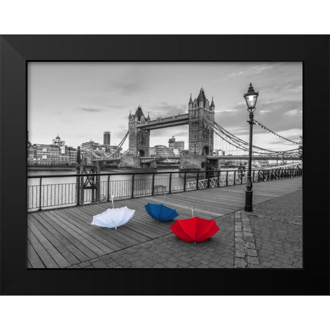 Colorful umbrellas on promenade near Tower bridge, London, UK Black Modern Wood Framed Art Print by Frank, Assaf