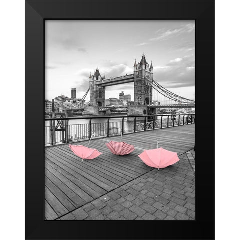 Pink umbrellas, Tower bridge, London Black Modern Wood Framed Art Print by Frank, Assaf