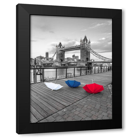 Colorful umbrellas on promenade near Tower bridge, London, UK Black Modern Wood Framed Art Print with Double Matting by Frank, Assaf