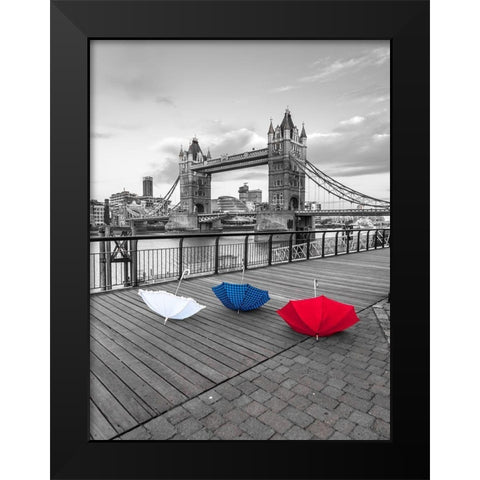 Colorful umbrellas on promenade near Tower bridge, London, UK Black Modern Wood Framed Art Print by Frank, Assaf