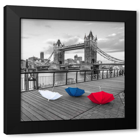 Colorful umbrellas on promenade near Tower bridge, London, UK Black Modern Wood Framed Art Print with Double Matting by Frank, Assaf