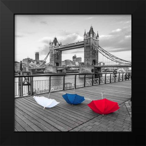 Colorful umbrellas on promenade near Tower bridge, London, UK Black Modern Wood Framed Art Print by Frank, Assaf