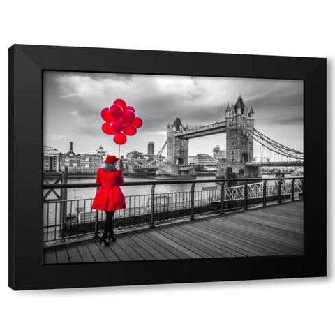 Woman with red balloons, standing on promenade near Tower Bridge, London, UK Black Modern Wood Framed Art Print with Double Matting by Frank, Assaf