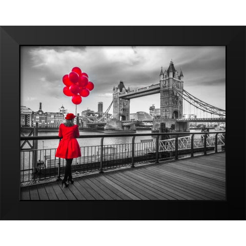 Woman with red balloons, standing on promenade near Tower Bridge, London, UK Black Modern Wood Framed Art Print by Frank, Assaf