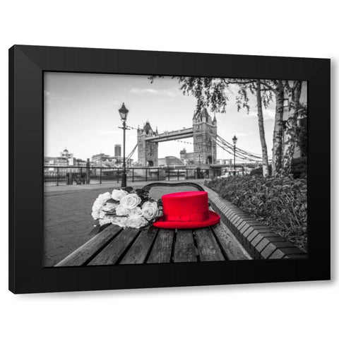 Red Hat with bunch of Roses on a bench near Tower Bridge, London, UK Black Modern Wood Framed Art Print with Double Matting by Frank, Assaf