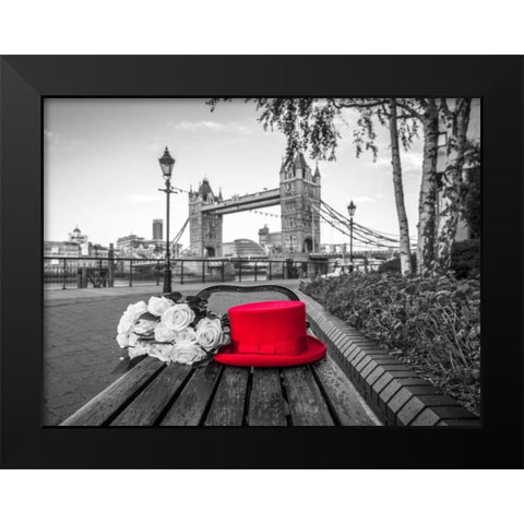 Red Hat with bunch of Roses on a bench near Tower Bridge, London, UK Black Modern Wood Framed Art Print by Frank, Assaf