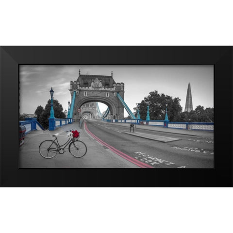 Bunch of roses on a bicycle near Tower Bridge, London, UK Black Modern Wood Framed Art Print by Frank, Assaf