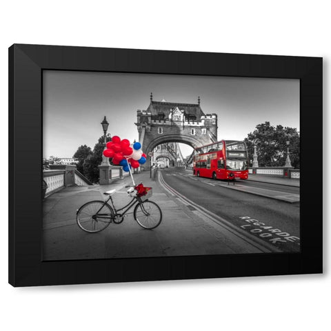 Colorful balloons and bunch of roses on a bicycle at Tower bridge, London, UK Black Modern Wood Framed Art Print with Double Matting by Frank, Assaf
