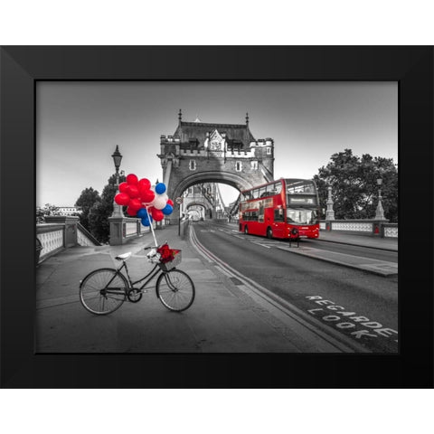 Colorful balloons and bunch of roses on a bicycle at Tower bridge, London, UK Black Modern Wood Framed Art Print by Frank, Assaf