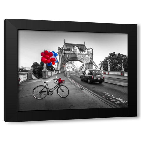 Colorful balloons and bunch of roses on a bicycle at Tower bridge, London, UK Black Modern Wood Framed Art Print by Frank, Assaf